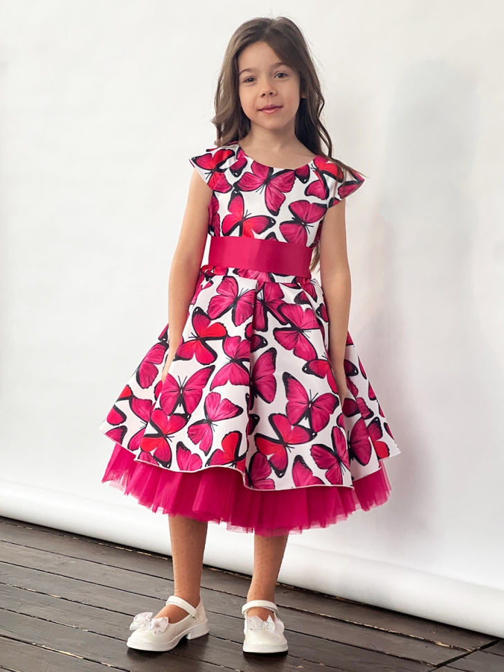 Платье для девочки нарядное БУШОН ST37, стиляги цвет малиновый/белый принт бабочки