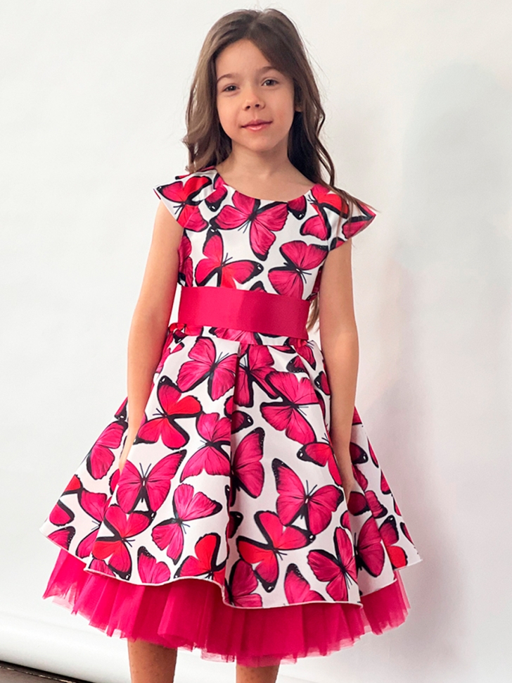Платье для девочки нарядное БУШОН ST37, стиляги цвет малиновый/белый принт бабочки