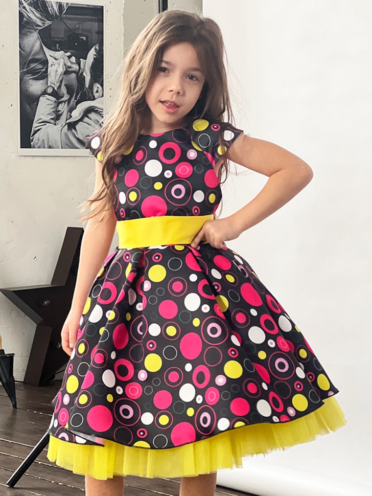 Платье для девочки нарядное БУШОН ST37, стиляги цвет черный/малиновый/желтый 