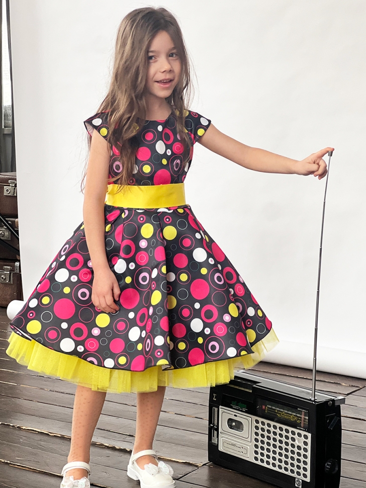 Платье для девочки нарядное БУШОН ST37, стиляги цвет черный/малиновый/желтый 