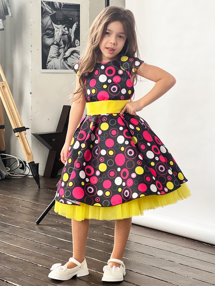 Платье для девочки нарядное БУШОН ST37, стиляги цвет черный/малиновый/желтый 