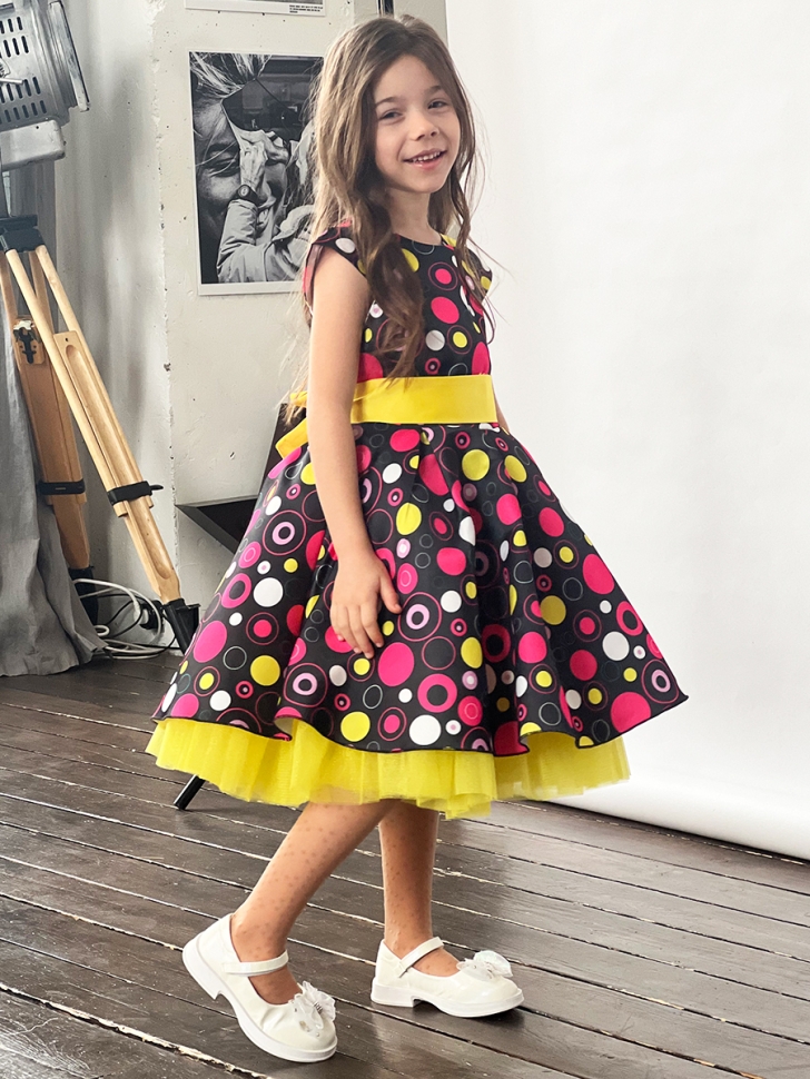 Платье для девочки нарядное БУШОН ST37, стиляги цвет черный/малиновый/желтый 