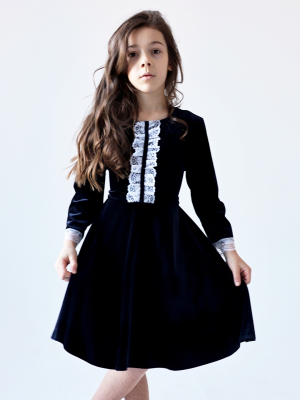 Платье велюровое нарядное БУШОН ST63, цвет темно-синий/кружево