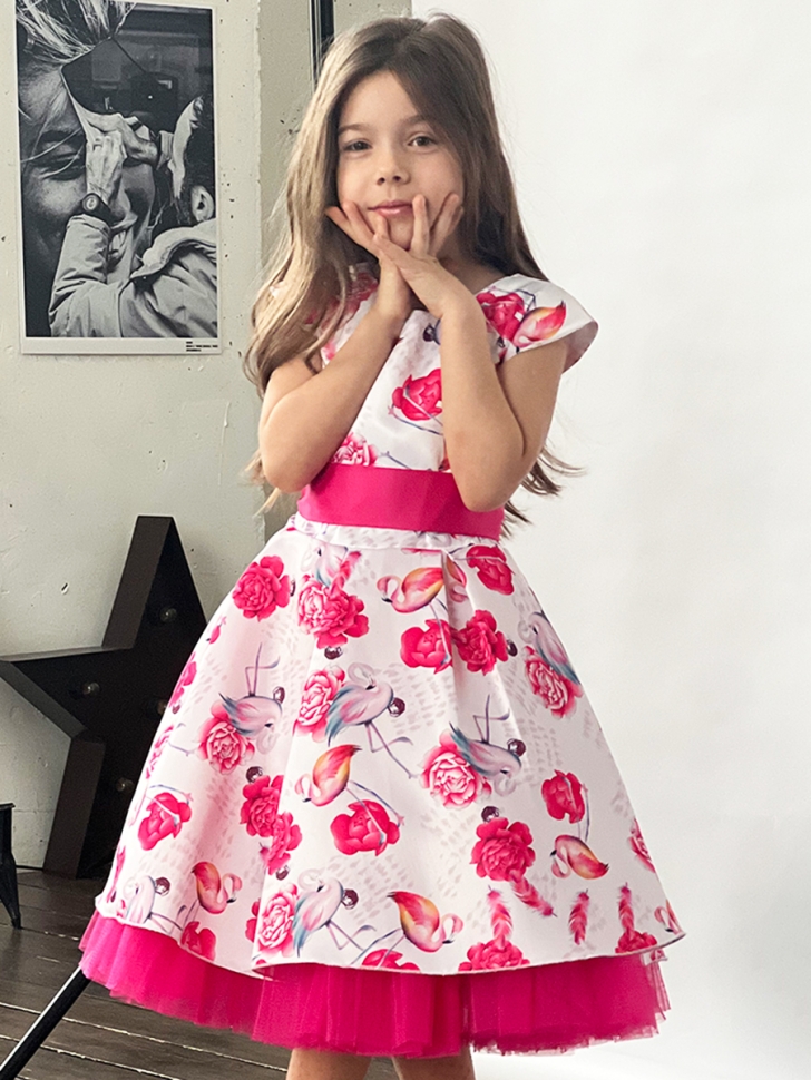 Платье для девочки нарядное БУШОН ST37, стиляги цвет белый/розовый принт фламинго 