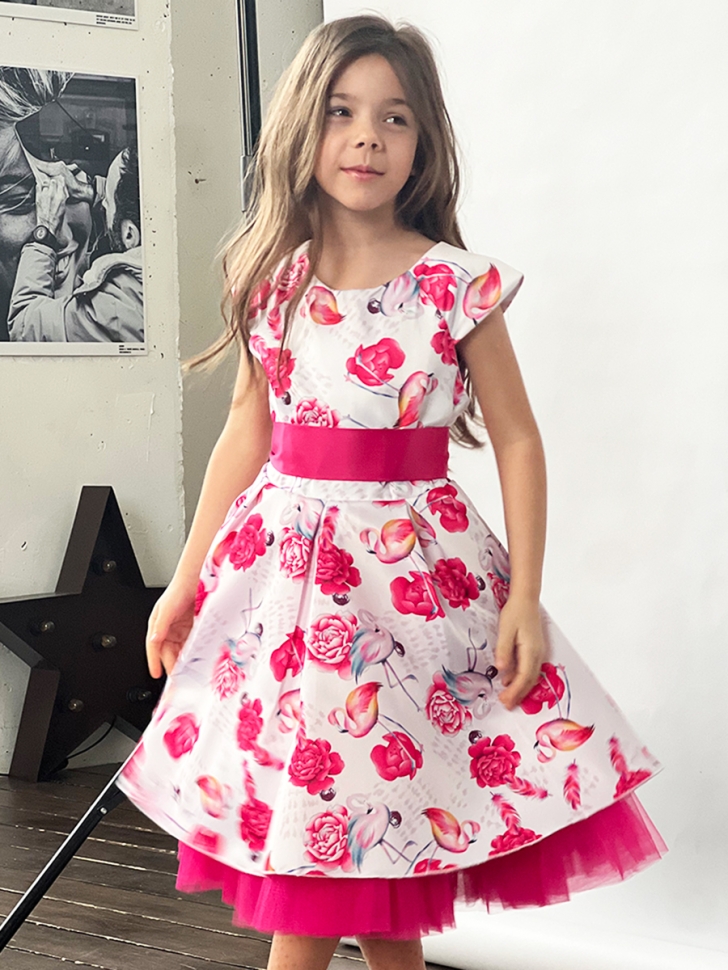 Платье для девочки нарядное БУШОН ST37, стиляги цвет белый/розовый принт фламинго 