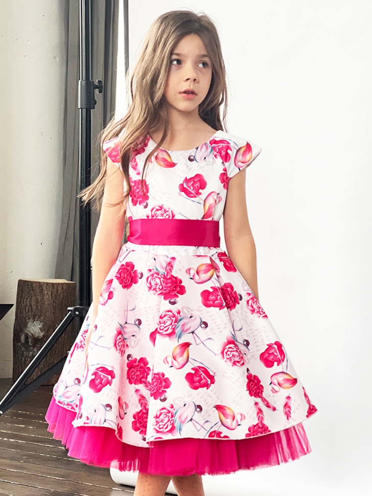 Платье для девочки нарядное БУШОН ST37, стиляги цвет белый/розовый принт фламинго 