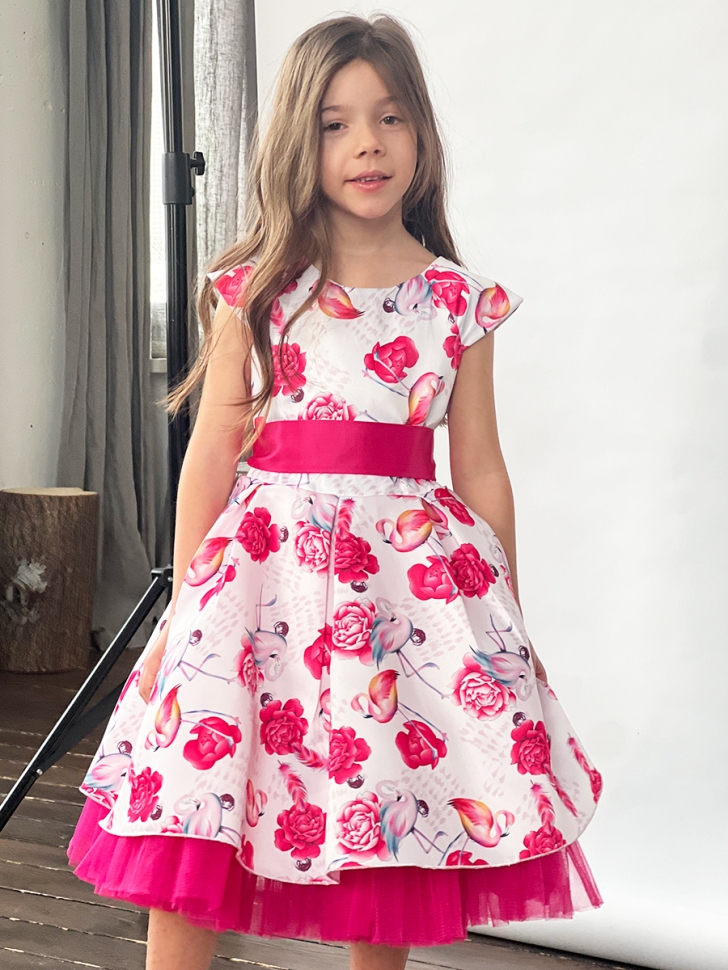 Платье для девочки нарядное БУШОН ST37, стиляги цвет белый/розовый принт фламинго 