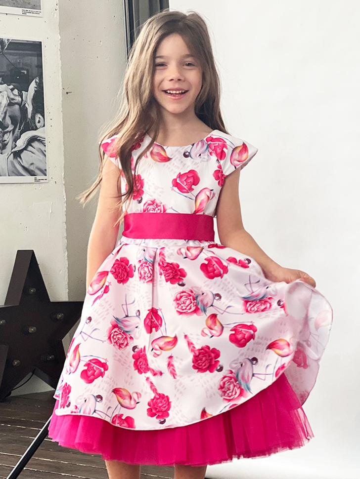 Платье для девочки нарядное БУШОН ST37, стиляги цвет белый/розовый принт фламинго 