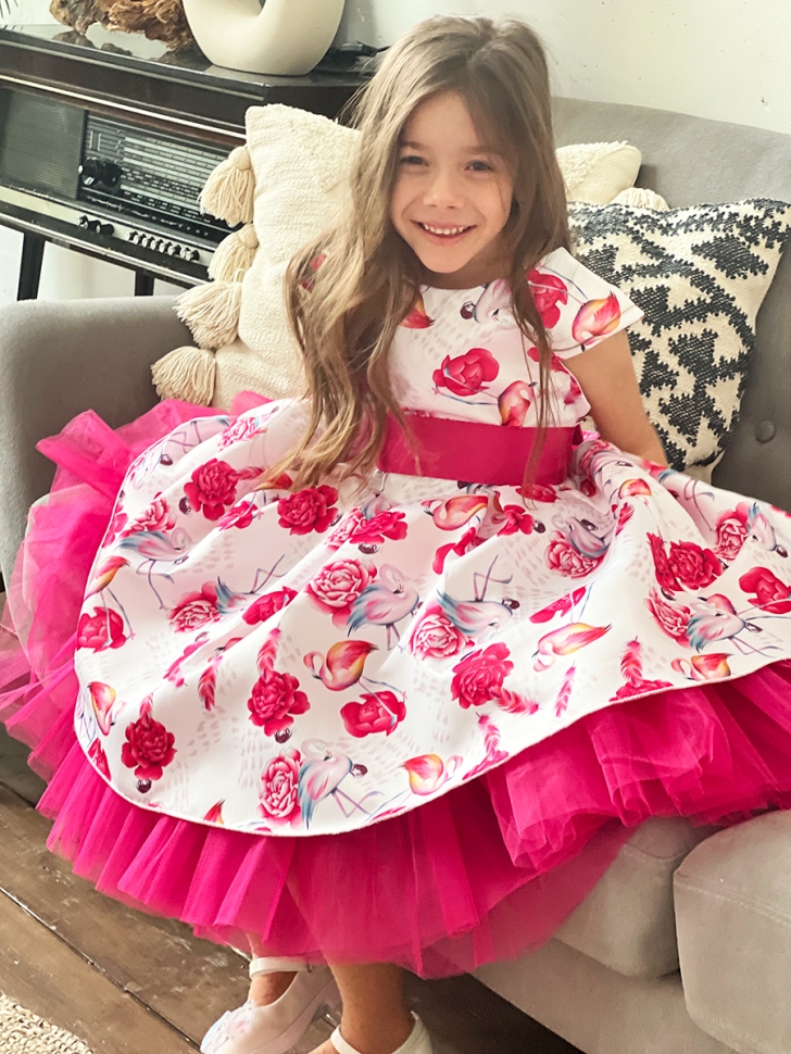 Платье для девочки нарядное БУШОН ST37, стиляги цвет белый/розовый принт фламинго 
