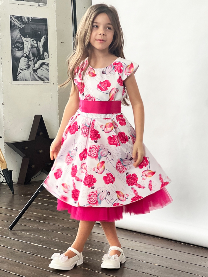 Платье для девочки нарядное БУШОН ST37, стиляги цвет белый/розовый принт фламинго 