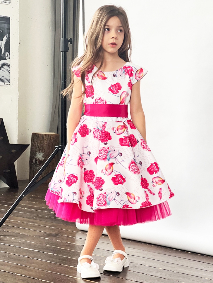 Платье для девочки нарядное БУШОН ST37, стиляги цвет белый/розовый принт фламинго 