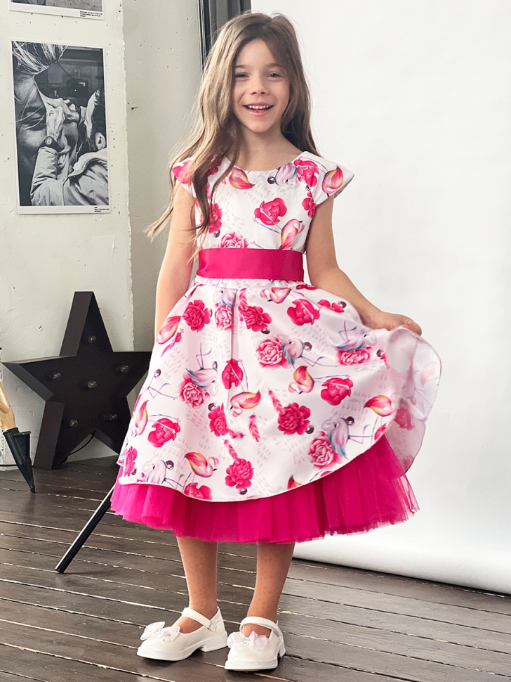 Платье для девочки нарядное БУШОН ST37, стиляги цвет белый/розовый принт фламинго 