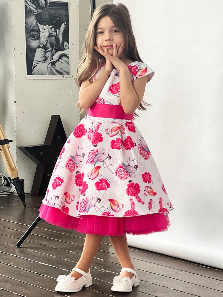 Платье для девочки нарядное БУШОН ST37, стиляги цвет белый/розовый принт фламинго 