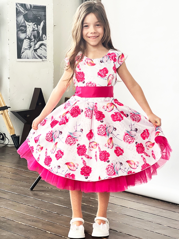 Платье для девочки нарядное БУШОН ST37, стиляги цвет белый/розовый принт фламинго 