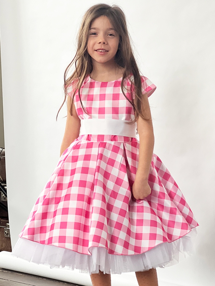 Платье для девочки нарядное БУШОН ST37, стиляги цвет светло-розовый/белый принт клетка