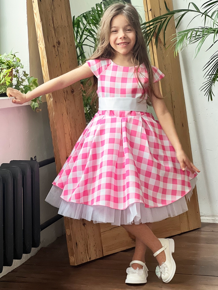 Платье для девочки нарядное БУШОН ST37, стиляги цвет светло-розовый/белый принт клетка