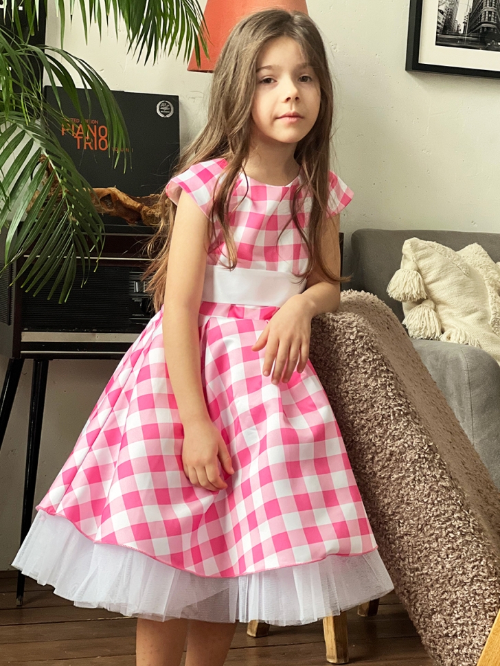 Платье для девочки нарядное БУШОН ST37, стиляги цвет светло-розовый/белый принт клетка
