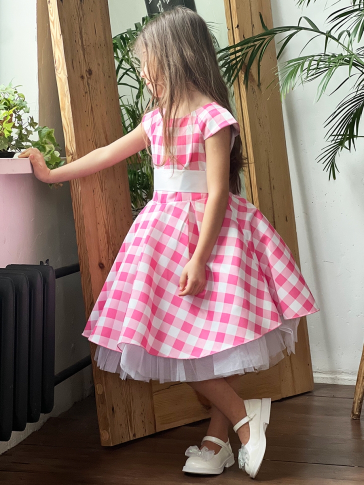 Платье для девочки нарядное БУШОН ST37, стиляги цвет светло-розовый/белый принт клетка