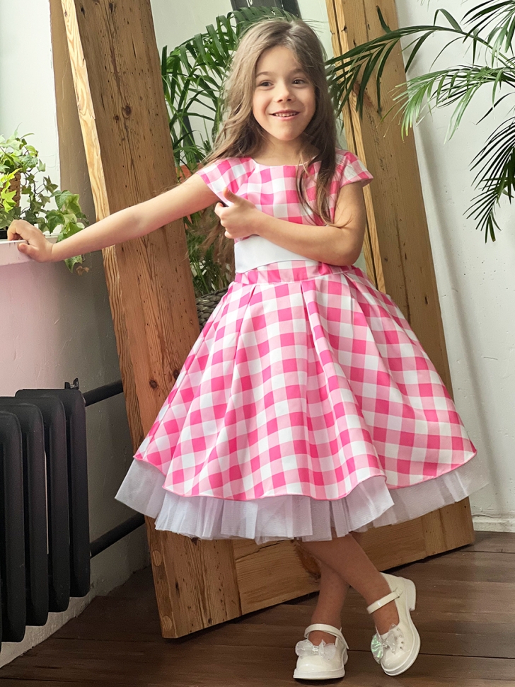 Платье для девочки нарядное БУШОН ST37, стиляги цвет светло-розовый/белый принт клетка