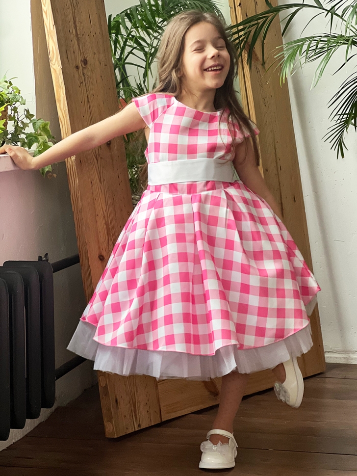 Платье для девочки нарядное БУШОН ST37, стиляги цвет светло-розовый/белый принт клетка