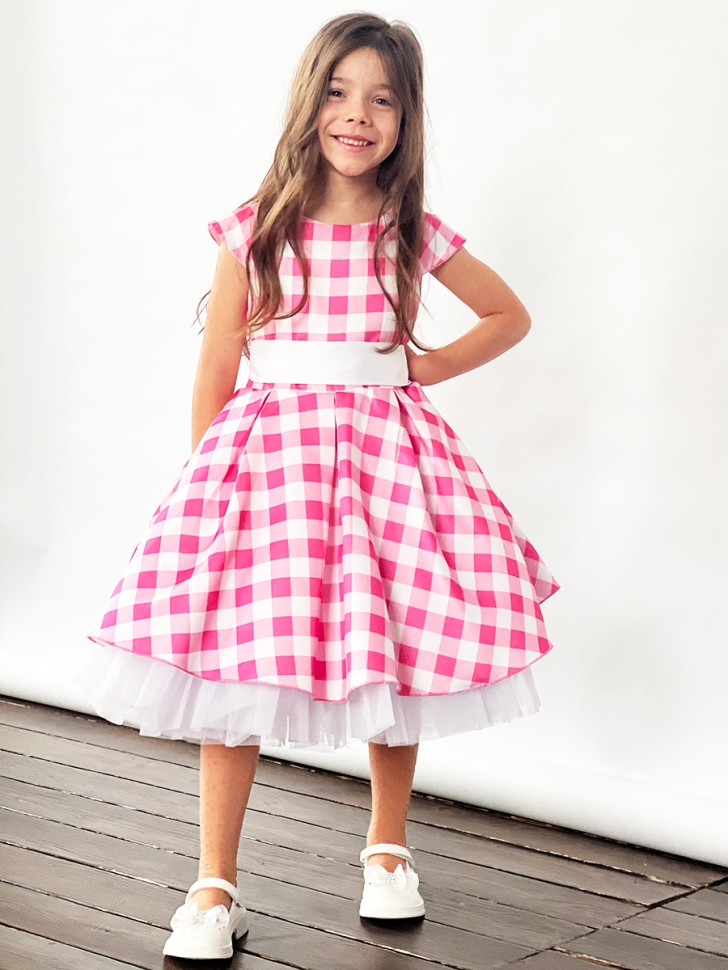 Платье для девочки нарядное БУШОН ST37, стиляги цвет светло-розовый/белый принт клетка