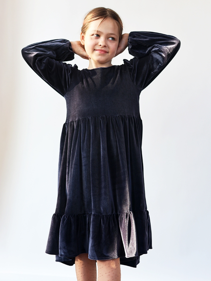 Платье велюровое нарядное БУШОН ST63, цвет серо-синий