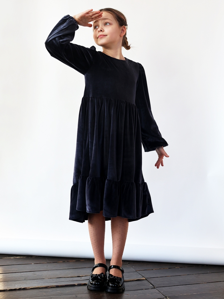 Платье велюровое нарядное БУШОН ST63, цвет серо-синий