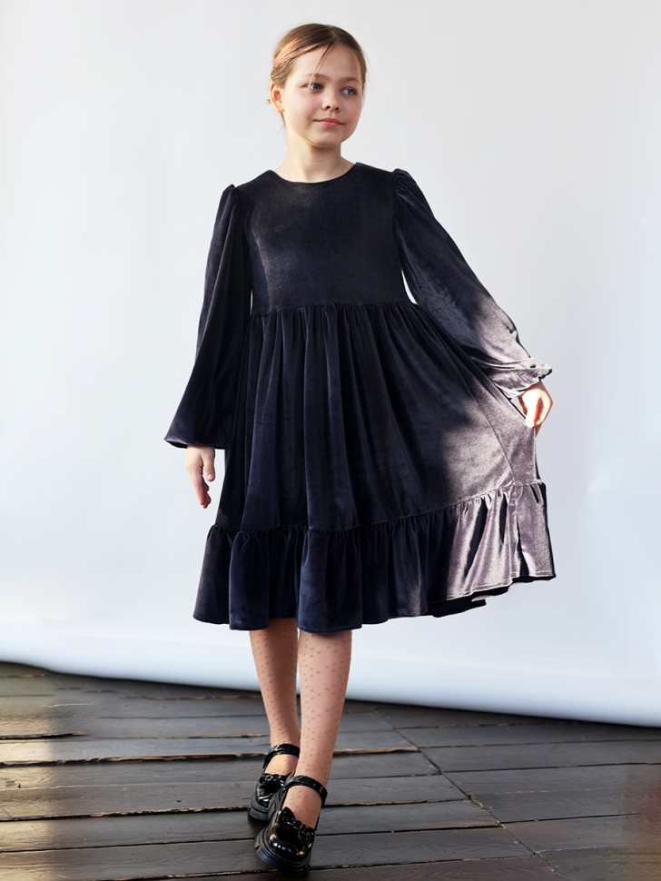 Платье велюровое нарядное БУШОН ST63, цвет серо-синий