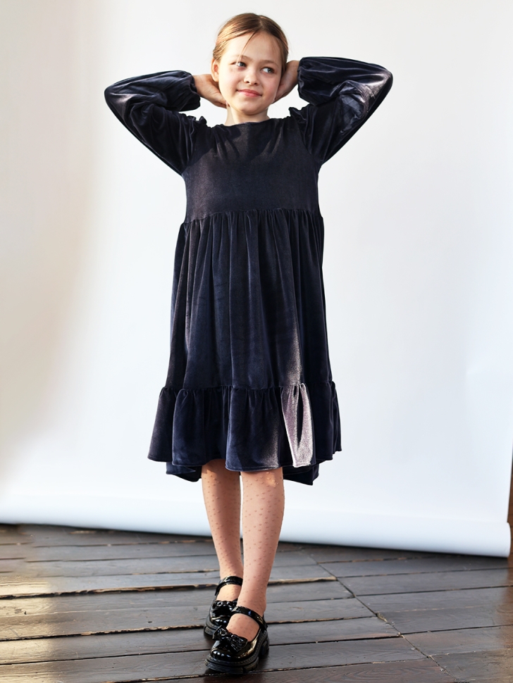 Платье велюровое нарядное БУШОН ST63, цвет серо-синий