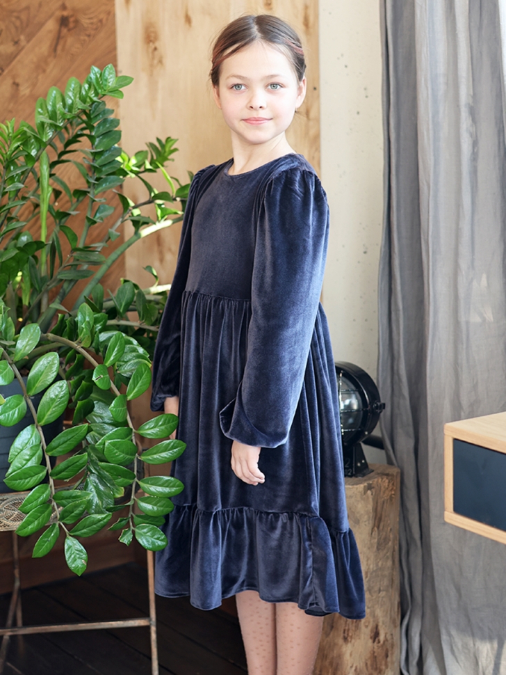 Платье велюровое нарядное БУШОН ST63, цвет серо-синий