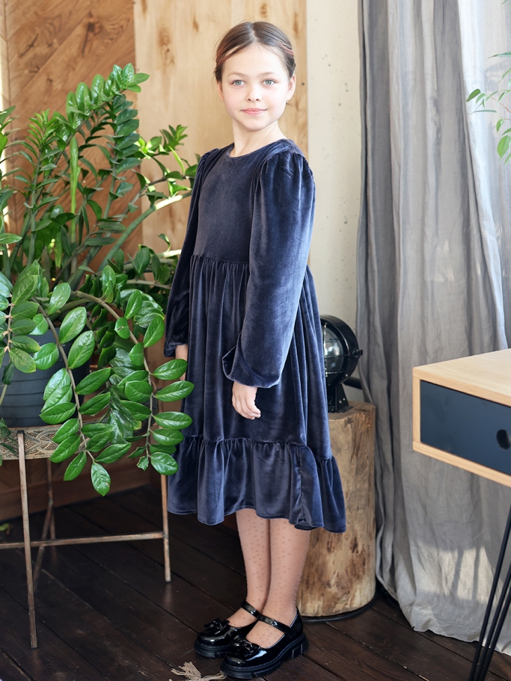 Платье велюровое нарядное БУШОН ST63, цвет серо-синий