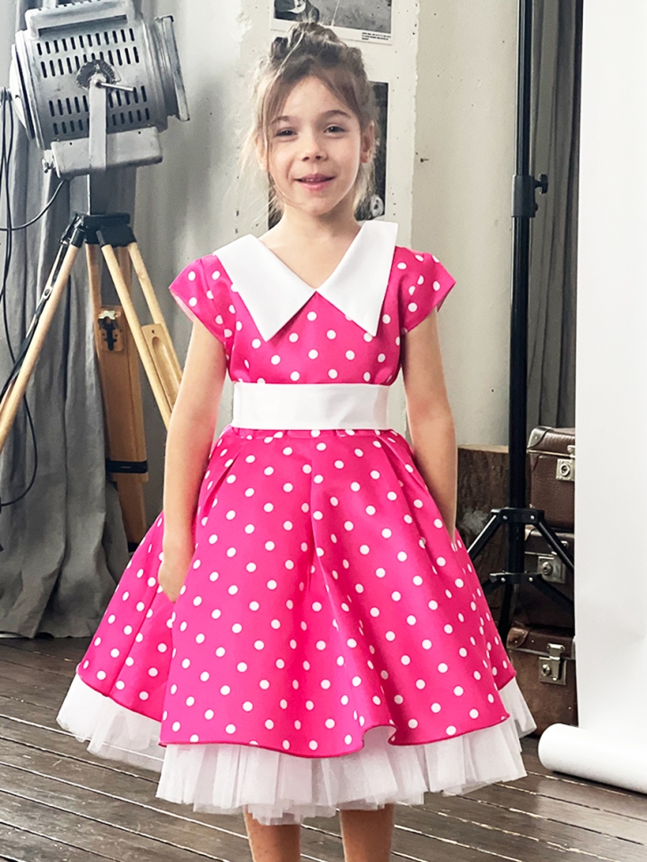 Платье для девочки нарядное БУШОН ST20, стиляги цвет розовый, принт белый горох 