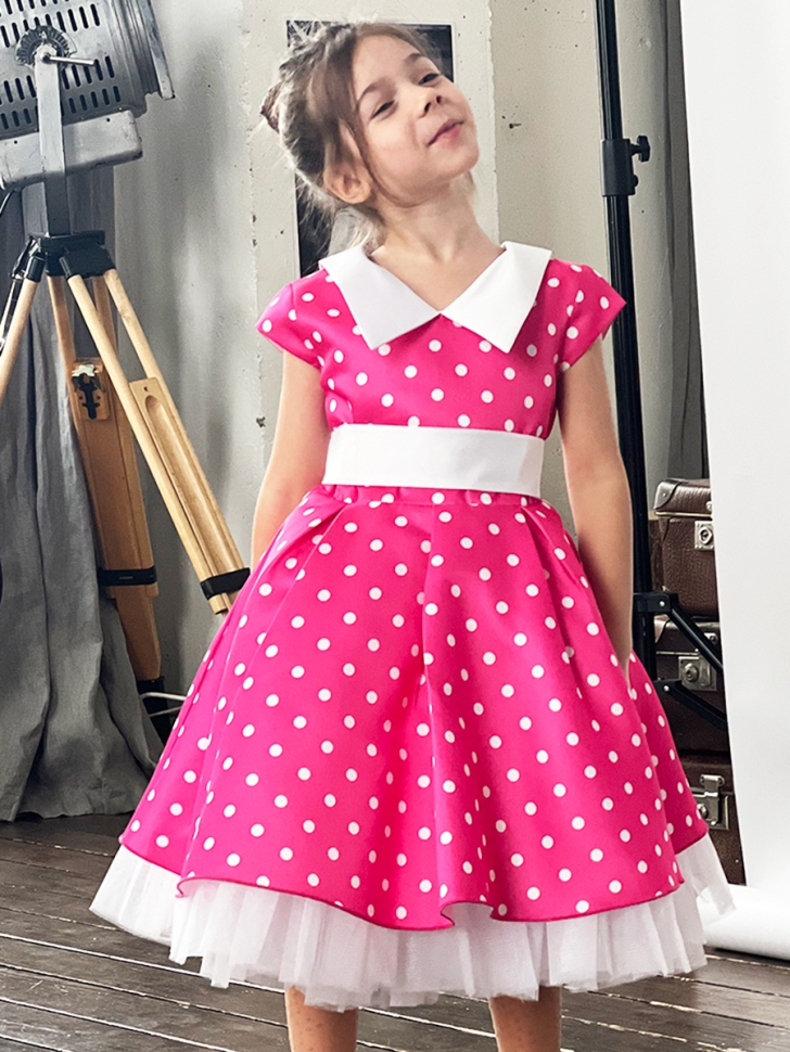 Платье для девочки нарядное БУШОН ST20, стиляги цвет розовый, принт белый горох 