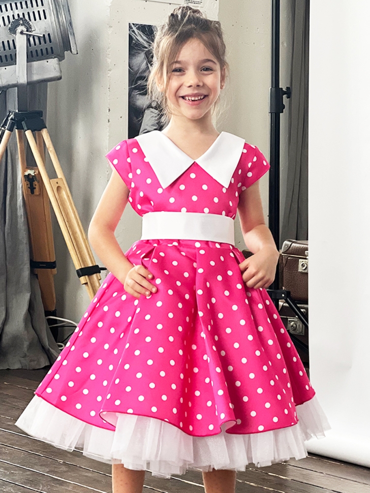 Платье для девочки нарядное БУШОН ST20, стиляги цвет розовый, принт белый горох 