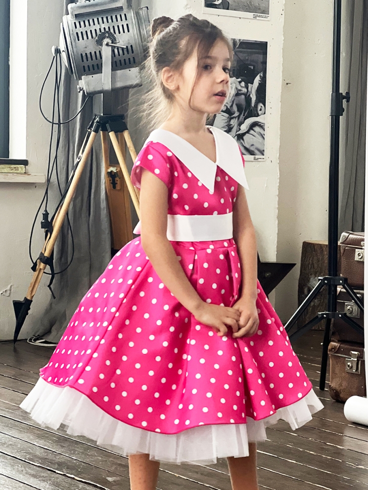 Платье для девочки нарядное БУШОН ST20, стиляги цвет розовый, принт белый горох 