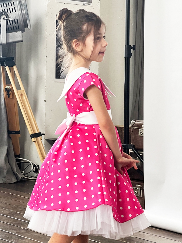 Платье для девочки нарядное БУШОН ST20, стиляги цвет розовый, принт белый горох 