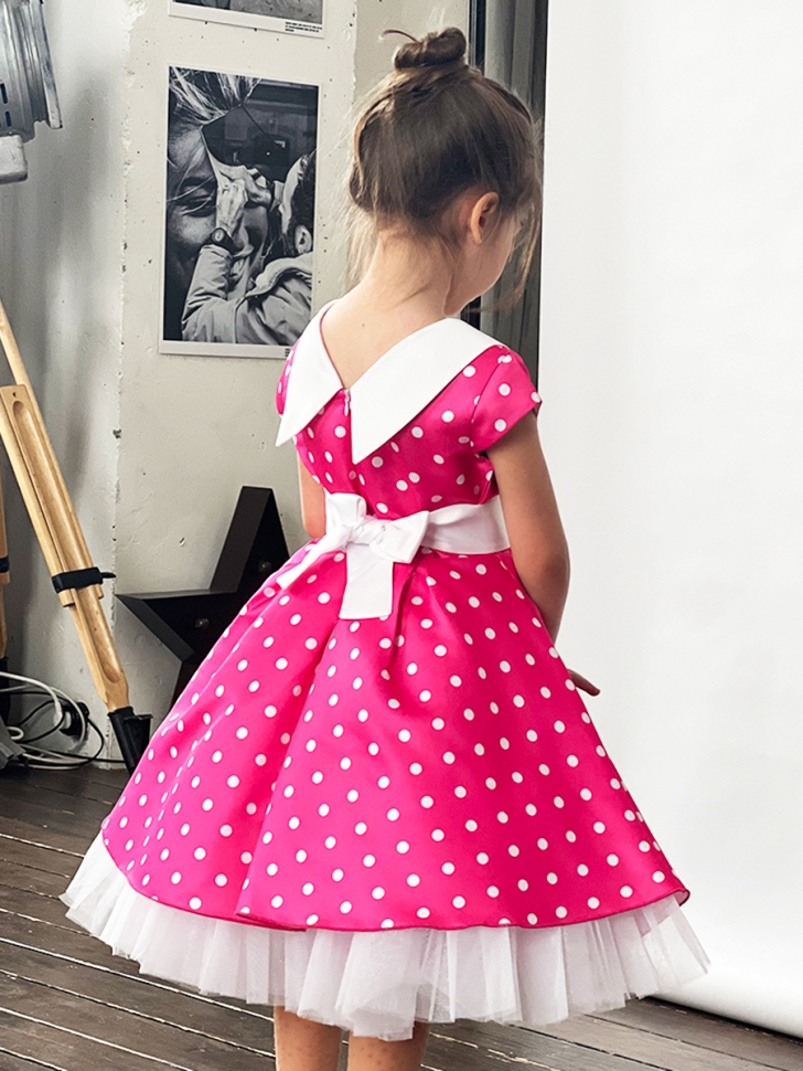 Платье для девочки нарядное БУШОН ST20, стиляги цвет розовый, принт белый горох 