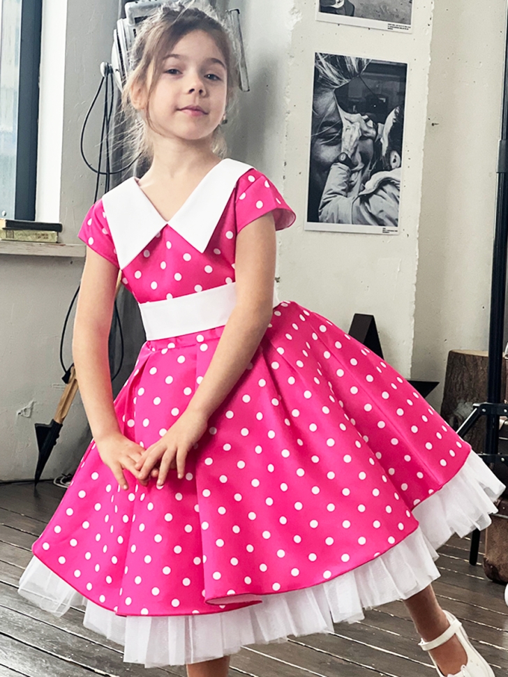 Платье для девочки нарядное БУШОН ST20, стиляги цвет розовый, принт белый горох 