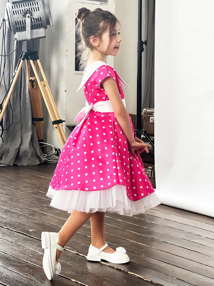 Платье для девочки нарядное БУШОН ST20, стиляги цвет розовый, принт белый горох 