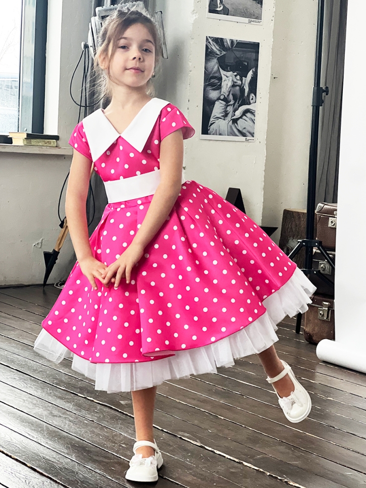 Платье для девочки нарядное БУШОН ST20, стиляги цвет розовый, принт белый горох 