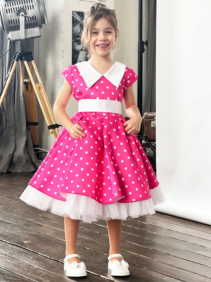 Платье для девочки нарядное БУШОН ST20, стиляги цвет розовый, принт белый горох 