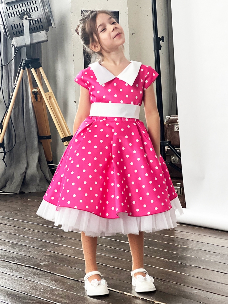 Платье для девочки нарядное БУШОН ST20, стиляги цвет розовый, принт белый горох 