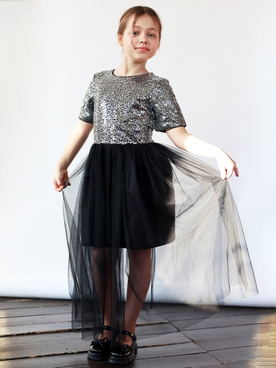 Платье для девочки нарядное БУШОН ST540, цвет сереберистый/черный