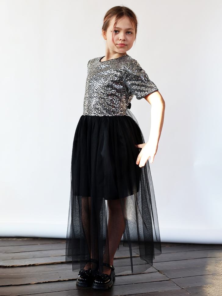 Платье для девочки нарядное БУШОН ST540, цвет сереберистый/черный 