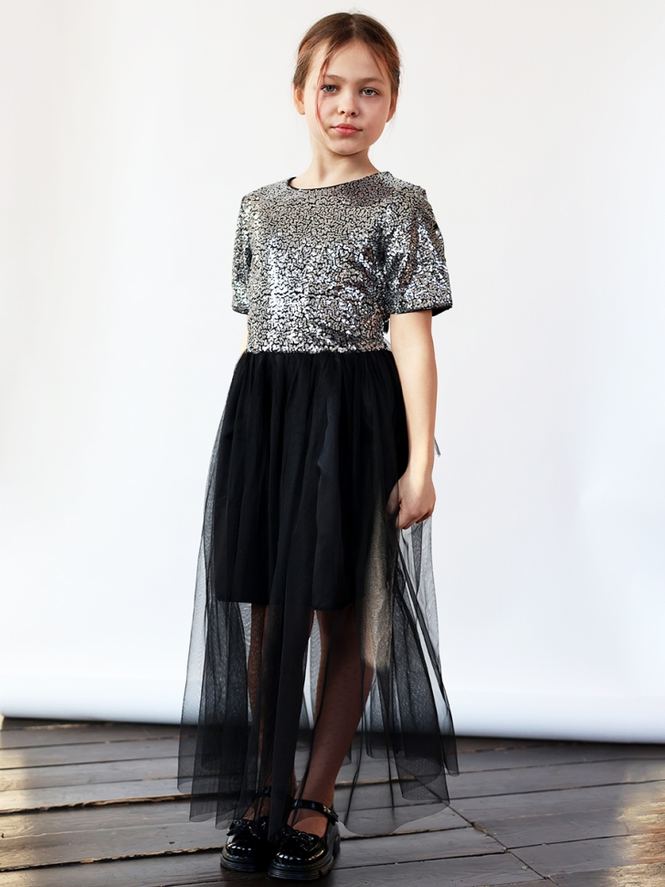 Платье для девочки нарядное БУШОН ST540, цвет сереберистый/черный 