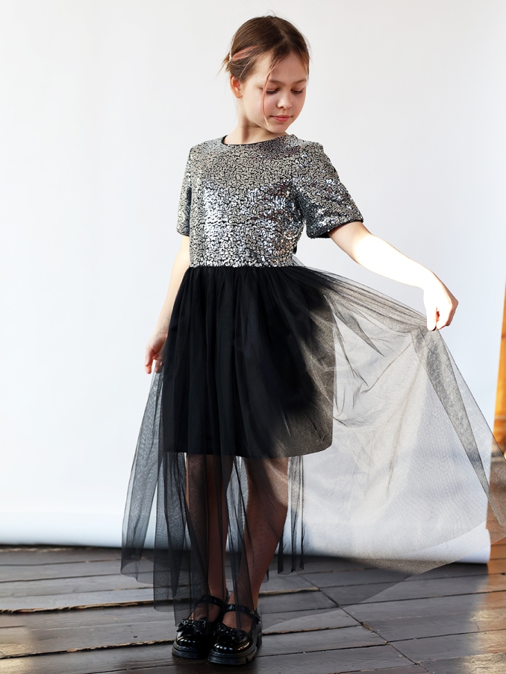 Платье для девочки нарядное БУШОН ST540, цвет сереберистый/черный 