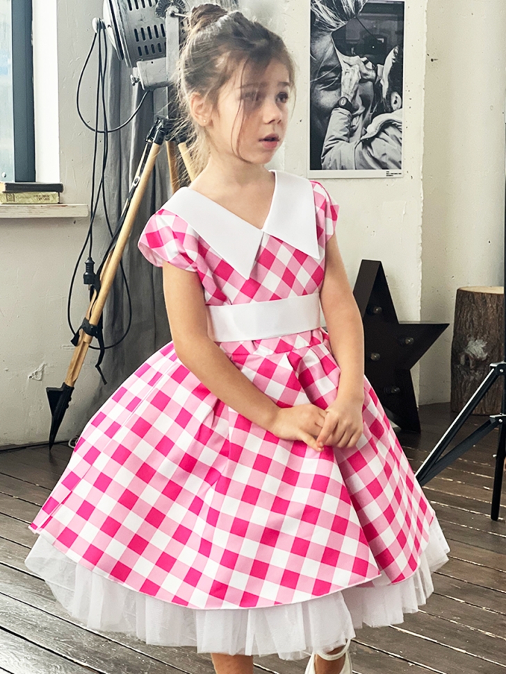 Платье для девочки нарядное БУШОН ST20, стиляги цвет светло-розовый, принт белый клетка 