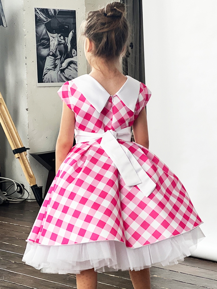 Платье для девочки нарядное БУШОН ST20, стиляги цвет светло-розовый, принт белый клетка 