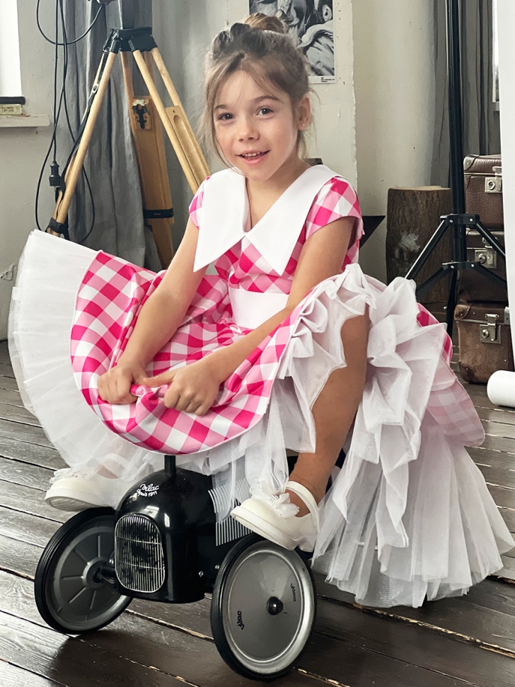 Платье для девочки нарядное БУШОН ST20, стиляги цвет светло-розовый, принт белый клетка 