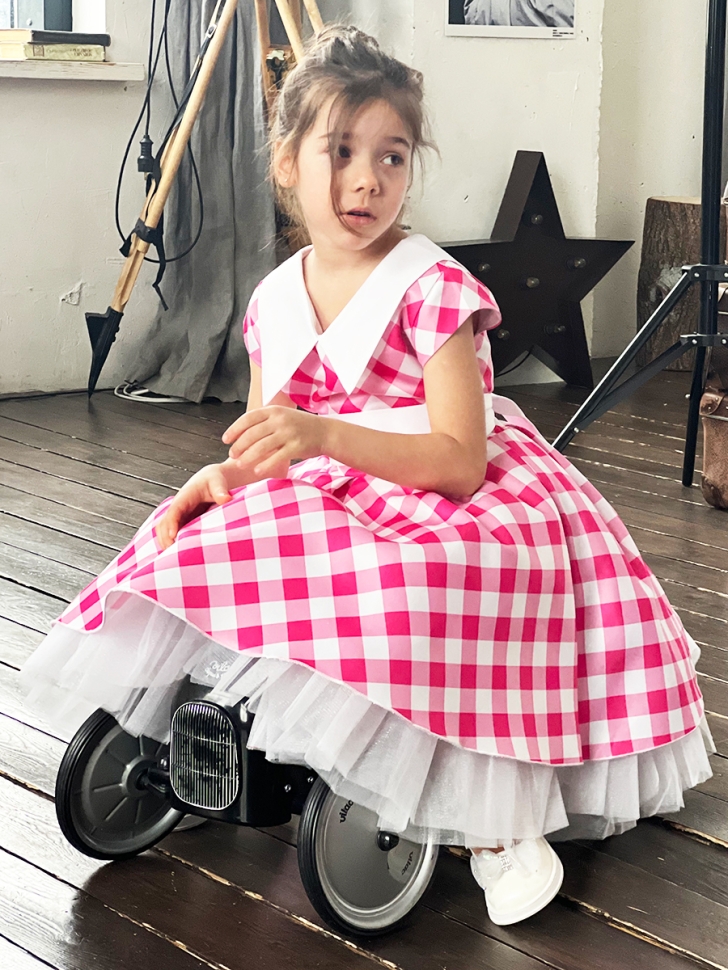 Платье для девочки нарядное БУШОН ST20, стиляги цвет светло-розовый, принт белый клетка 